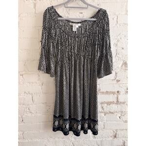 Max Studio Black White Medallion Print Dress Womens Large 3/4 Sleeve Smocked